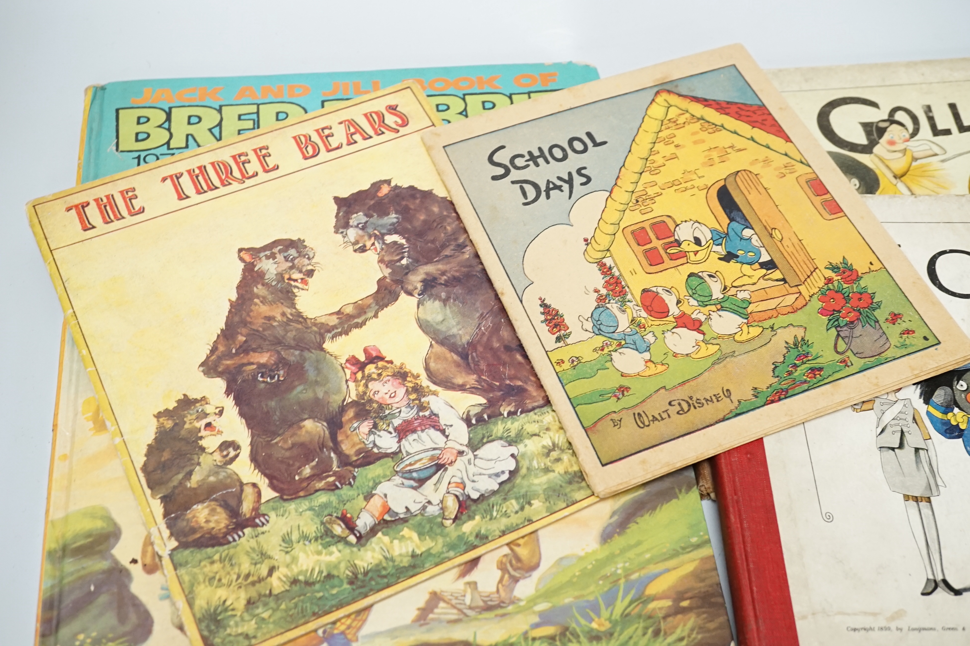 Mixed children's books, a pack of old postcards and three golly books by Francis Upton